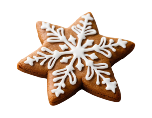 Star-Shaped Christmas Cookie with White Icing Snowflake Design on Transparent Background, Festive Holiday Treats. 