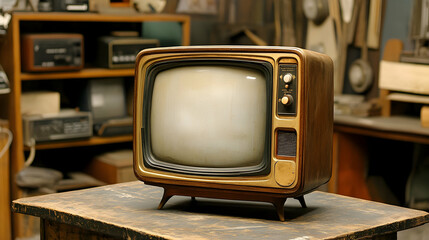 Vintage Television with Wooden Cabinet Sitting on a Table in a Retro Setting