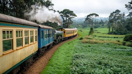 Naklejka premium Scenic Railway Journey Through Misty Mountains Vintage Train Lush Green Landscape