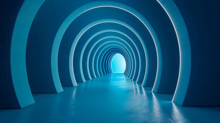 Fototapeta premium A 3D rendering of an empty, minimal blue tunnel.