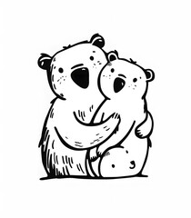 Naklejka premium A heartwarming black and white illustration shows a bear parent embracing its cub, representing love and nurturing. Perfect for familyrelated artwork and kids entertainment