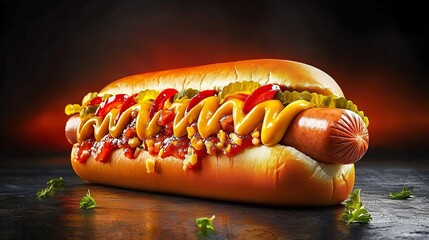 A delicious hot dog topped with mustard, ketchup, onions, and pickles on a soft bun, perfect for summer picnics and barbecues.