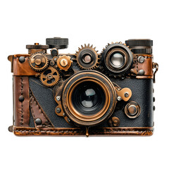 A detailed close-up image of a vintage steampunk style camera crafted from leather and metal with visible gears and mechanisms.