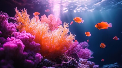 Obraz premium A vibrant underwater scene showcasing colorful coral and fish in a serene ocean environment.