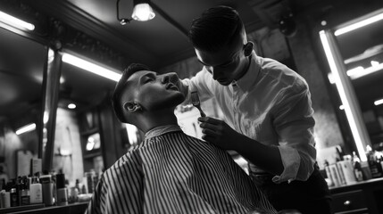 Barber meticulously shaving customer's face in classic barbershop.