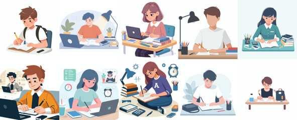 Vector set of a teenager completing school assignments in a simple flat design style