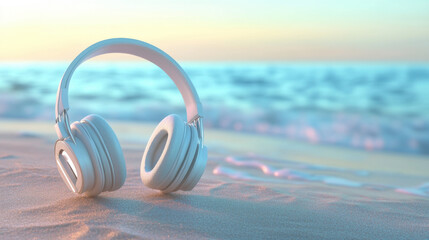 Relaxing headphones on sandy beach with ocean waves in background, creating serene atmosphere for...