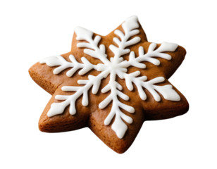Star-Shaped Christmas Cookie with White Icing Snowflake Design on Transparent Background, Festive Holiday Treats. 