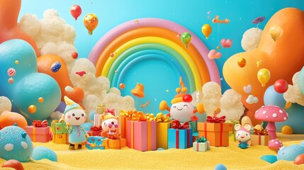 Obraz premium An illustration of the 'Wondrous Boroborolok' book, featuring cartoon characters and gift boxes set against a background of orange clouds, rainbow 