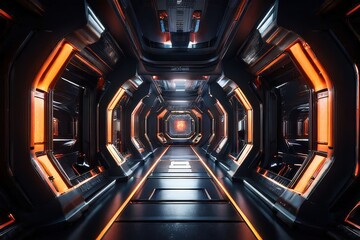 Naklejka premium the AI Image Generator, Spaceship Corridor With Glowing Orange Lights