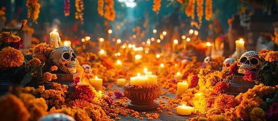 Obraz premium A vibrant altar adorned with marigolds, candles, and skulls for a celebration of the dead.