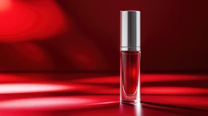 Red perfume bottle on red background. Perfect for beauty, fragrance, or luxury product ads.