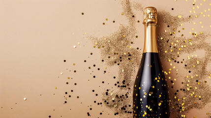 Fototapeta premium A bottle of champagne surrounded by gold glitter and confetti on a beige background. Perfect for a festive celebration.