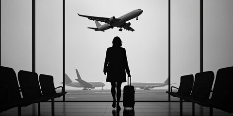 A silhouette of a traveler with a suitcase watches planes taking off from an airport, capturing the essence of travel and anticipation.