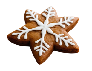 Star-Shaped Christmas Cookie with White Icing Snowflake Design on Transparent Background, Festive Holiday Treats. 