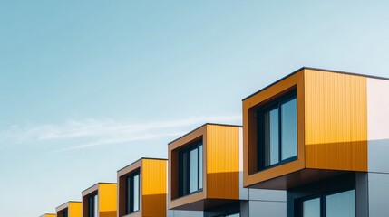 Modern architectural buildings with wooden accents under a clear sky.