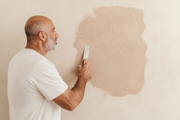 Mature Man Renovating Kitchen Wall with Focus in Modern Setting - Home Improvement and Inclusivity Stock