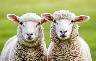 Obraz premium Fluffy sheep with soft wool standing close together in green field, showcasing their curious expressions and gentle nature