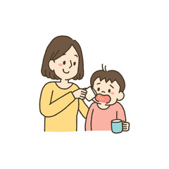 病気の子供に薬を飲ませる母親のイラスト