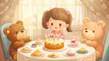 Cartoon style. a little girl , she is 5 years old, is playing with her teddy bears and the bears ar alive. All together ar sitting around a round table. 
