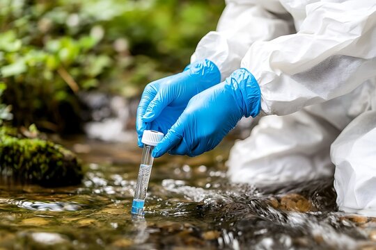Scientist collecting water sample from stream for testing
