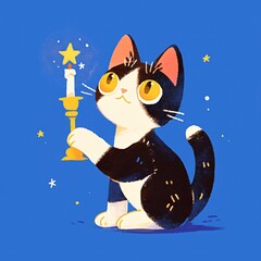 Fototapeta premium Greeting card with cute and funny cat with burning candles for celebrating Hanukkah isolated on blue background. Illustration for Jewish holidays with space for text