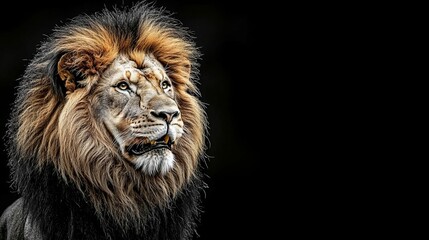 Fototapeta premium A majestic lion with a magnificent mane gazes confidently into the distance. This stunning portrait captures the essence of wildlife beauty and strength.