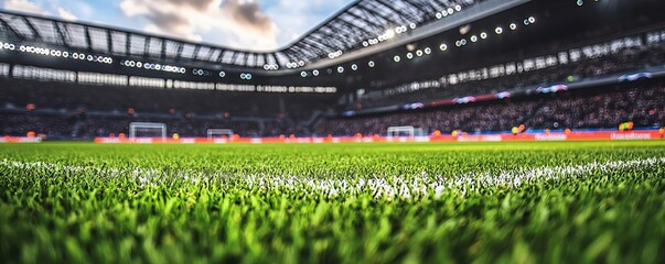 A vibrant soccer field captured from a low perspective, showcasing lush green grass and a stadium filled with enthusiastic fans during a match.