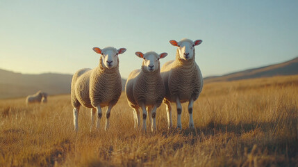 Fototapeta premium Three sheep grazing in grassy pasture under clear blue sky, enjoying serene landscape. warm sunlight enhances peaceful atmosphere of scene