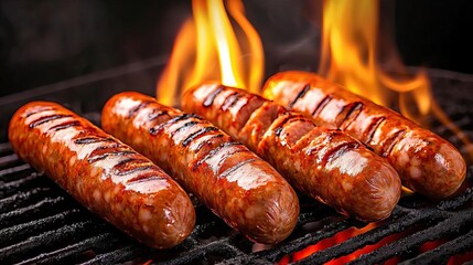 Grilled sausages sizzle over an open flame, showcasing delicious caramelization and mouthwatering char marks. Perfect for summer barbecues and gatherings.