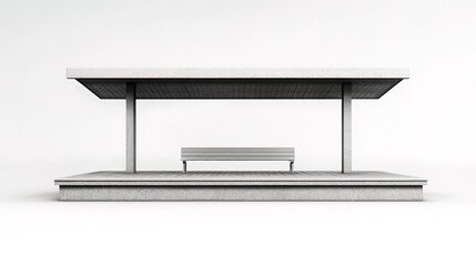 A simple bus stop shelter with a bench and a concrete platform, isolated against a white background.