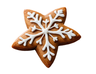 Star-Shaped Christmas Cookie with White Icing Snowflake Design on Transparent Background, Festive Holiday Treats. 