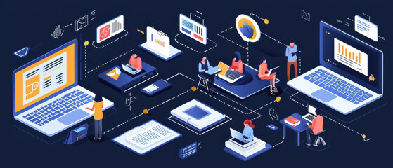 Abstract online education environment with students engaged in learning, utilizing laptops and digital tools for collaboration and communication, showcasing modern educational setup