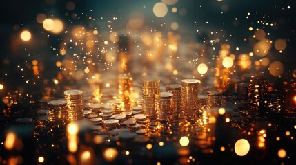 Glimmering Coins with Soft Bokeh Effects in Enchanting Background