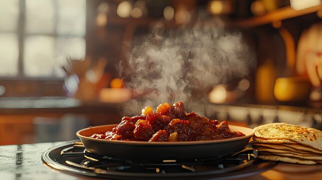 creates a hyper-realistic image of a cozy kitchen scene bathed in warm midday sunlight. In the foreground, a steaming plate of "discada", 