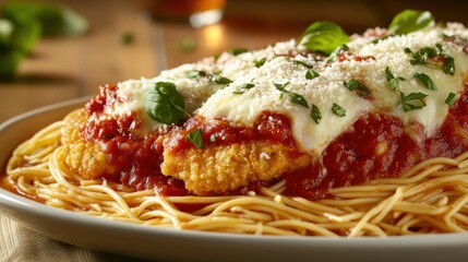 Fototapeta premium A tempting platter of chicken parmesan with marinara sauce and melted mozzarella cheese, served over a bed of spaghetti, Parmesan platter centered