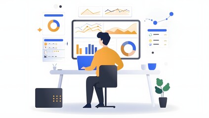 A young man sits at his desk, reviewing data on a large monitor.  He's focused on the charts and graphs displayed.  The workspace is clean and modern, reflecting efficiency and productivity.