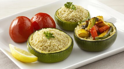 A plate featuring stuffed zucchini with couscous and roasted vegetables, garnished with lemon.