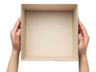 Hands holding cardboard box isolated on transparent background, top view