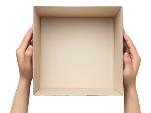 Hands holding cardboard box isolated on transparent background, top view