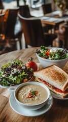 A cozy dining scene featuring a sandwich, soup, and salads on a wooden table.