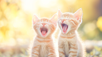 Fototapeta premium Ginger kittens yawning in sunlight, capturing pure cuteness and playful innocence