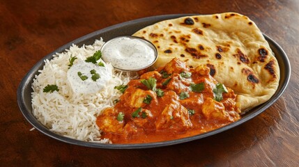 A tempting platter of chicken tikka masala served with fluffy basmati rice and warm naan bread, Platter centered, Warm overhead lighting to bring out the vibrant colors