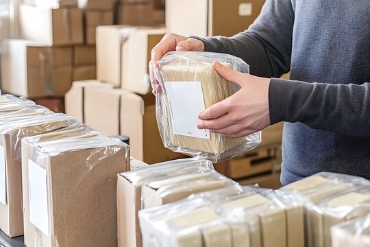 Person Handling Packaged Cardboard Boxes In Warehouse