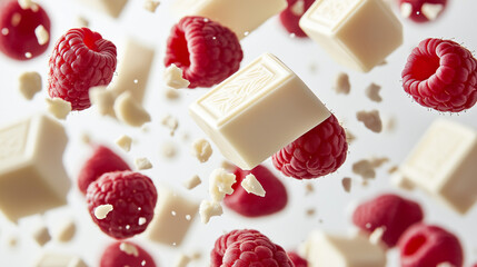 Floating pieces of white chocolate and raspberries on white background
