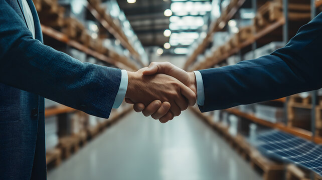 A businessman in a formal suit shaking hands with a solar panel distributor, with the focus solely on their hands clasped in a firm handshake Ai Generated