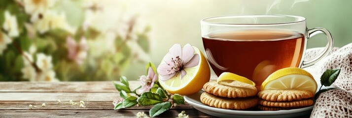 A cozy scene featuring a cup of tea, lemon slices, and cookies, set against a floral background.