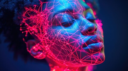 Futuristic Portrait of Woman with Neon Light Network Overlay