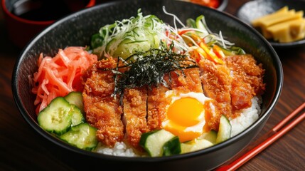 Fototapeta premium A tempting platter of Japanese donburi, rice bowl topped with breaded and fried pork cutlet, egg