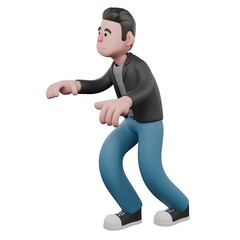 screenwriter walks with his body slightly bent, hands carefully reaching for something